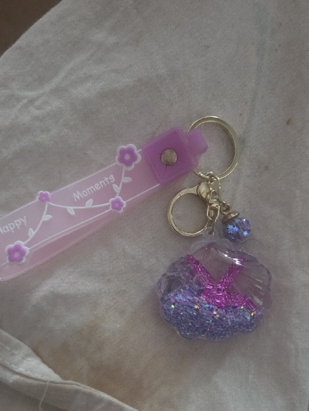 Pink & Purple Floral Wrist Keychain with Glitter Charm